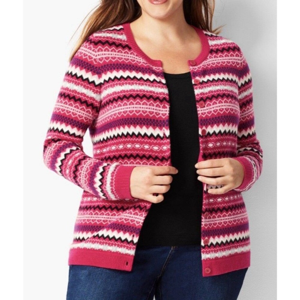 Talbots Pink Fair Isle Sweater Cardigan Size 1Xp Heavyweight Nylon Wool Blend - Picture 10 of 10